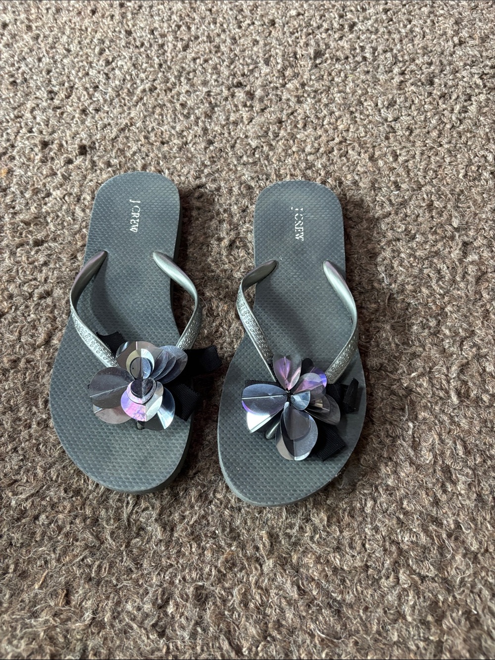 J. Crew Black Flip-Flop Sandals with Iridescent Floral Appliqués